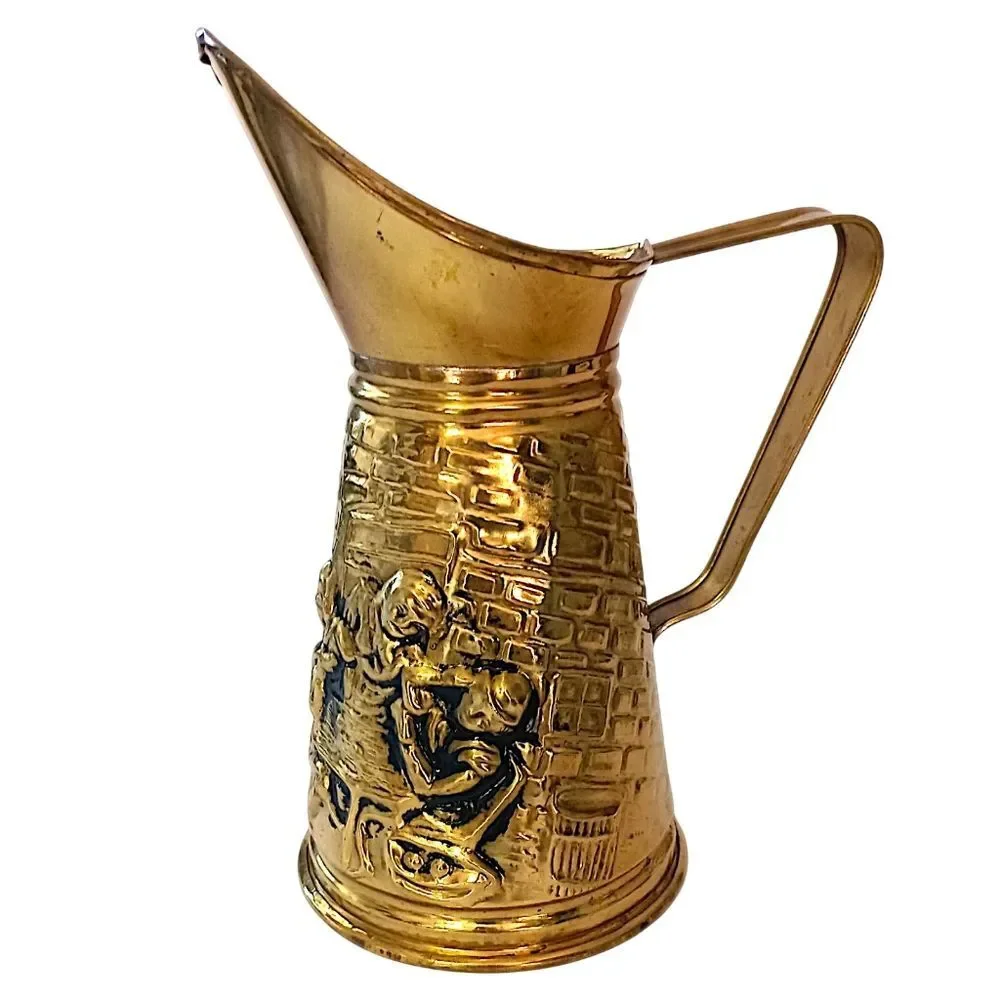 Brass Embossed Ale Pitcher‎ Pub Scene Repousse Made In England Textured Vintage
